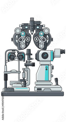 Detailed Illustration of Sophisticated Ophthalmic Equipment for Eye Examination and Vision Testing