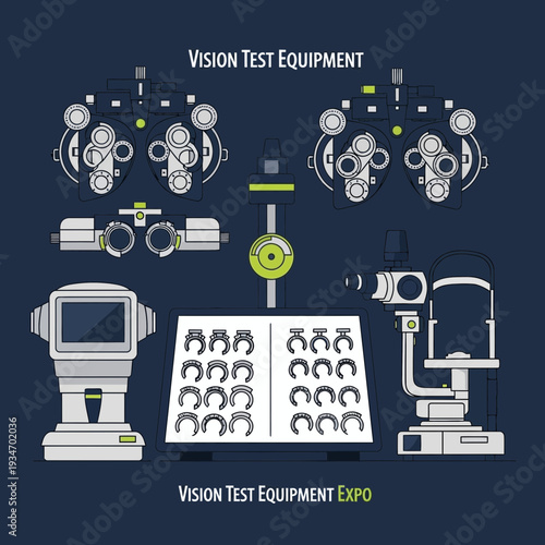 Detailed Illustrations of Optometric Instruments for Eye Examinations and Vision Testing