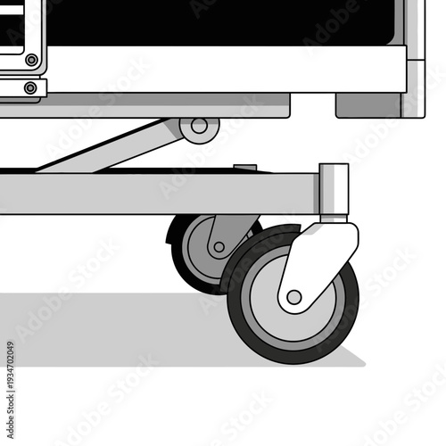 Detailed Perspective of a Mechanical Platform with Rolling Casters and Supporting Structures