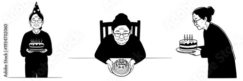 smiling grandmother in party hat - Family members celebrating birthday with cakes and joy at home - Vector set