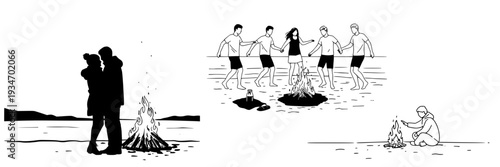 beach party bonfire vector set - Couples celebrating by beach bonfire while friends enjoy summer night  