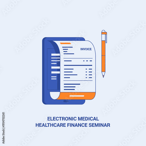 Digital Healthcare Billing System Depicted with Tablet, Invoice, and Stylized Orange Pen Design