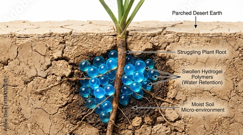 Educational macro orthographic cross-section of glowing hydrogel polymers hydrating plant roots in dry soil