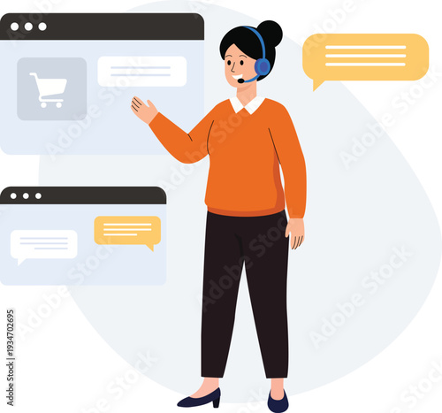 Female support agent using headset for e-commerce assistance in a modern flat vector illustration