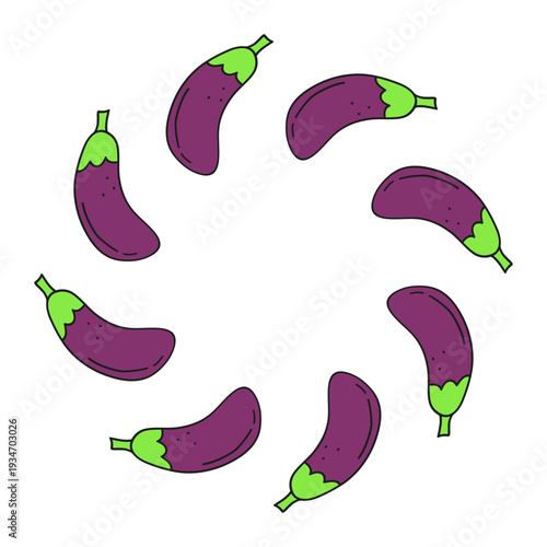 Cute round wreath with doodle purple eggplants isolated on white background. Healthy veggies in circle shape. Natural hand drawn vegetables.