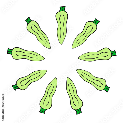 Cute round wreath with doodle zucchini or marrow vegetables isolated on white background. Fresh organic veggies in circle shape. Natural hand drawn composition.