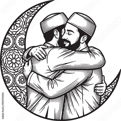 Eid Celebration Engraving-Style Illustration with Two Men Embracing and Floral Islamic Crescent Moon