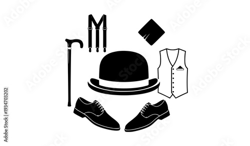 Classic bowler hat and gentleman fashion accessories silhouette badge vector isolated on white background
