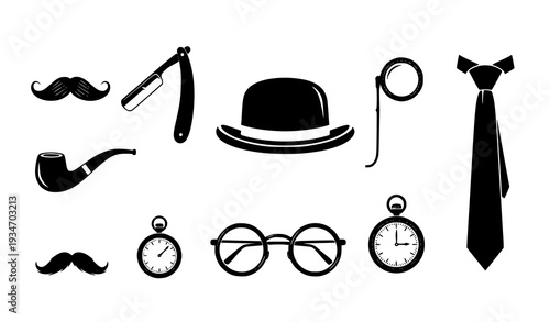 Vintage gentleman accessories silhouette set with bowler hat flat vector illustration isolated on white background