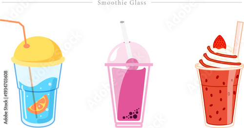 Smoothie Glass Vector Set With Three Refreshing Beverages Orange Infused Bubble Tea And Strawberry Shake