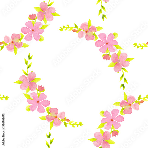 Watercolor seamless pattern with pink spring flowers and green leaves. Hand painted botanical ornament for kids textiles, wrapping paper, greeting cards, fabric print and seasonal decorations.