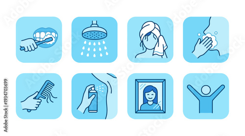 Daily Personal Hygiene and Self-Care Routine Icons Set