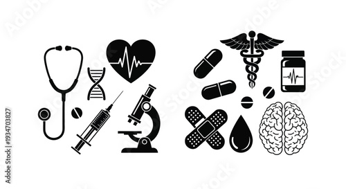 Medical icons depicting healthcare science and pharmaceutical elements