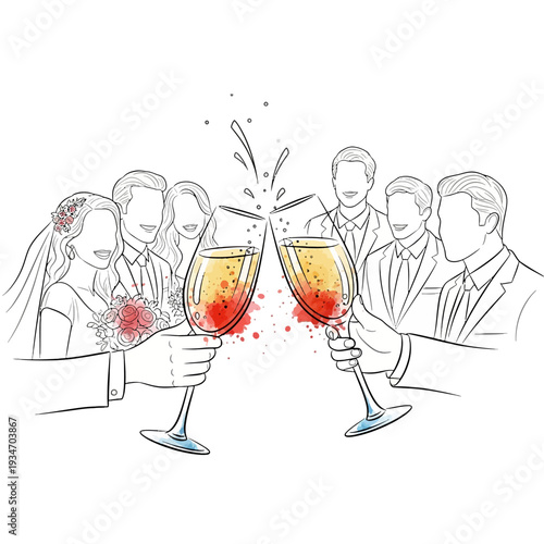 Wedding celebration group toasting with champagne glasses illustration