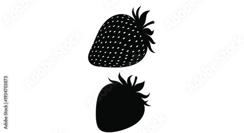 A black silhouette of a strawberry with its shadow below it