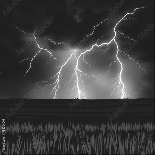 A lightning storm over a prairie at night, dramatic nature, raw power, weather photography