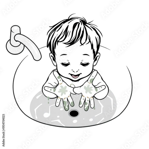 A small child's paint-covered hands being washed in a sink after art class, real messy creativity