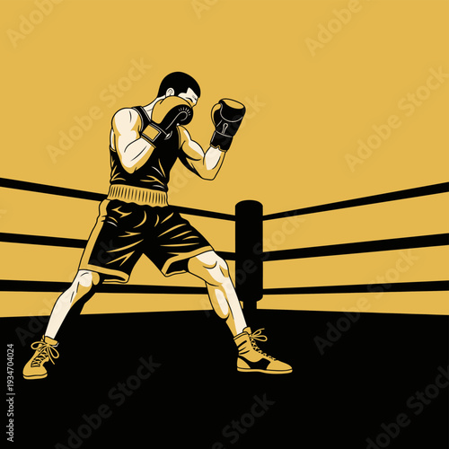 Male Boxer in Fighting Stance in a Boxing Ring Illustration