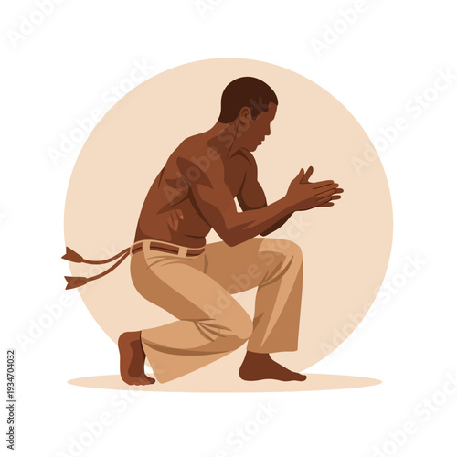 Male Capoeira Fighter Crouching with Clapping Hands Illustration