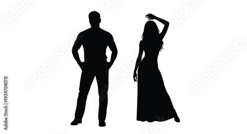 Silhouettes of a couple posing a man and a woman against white