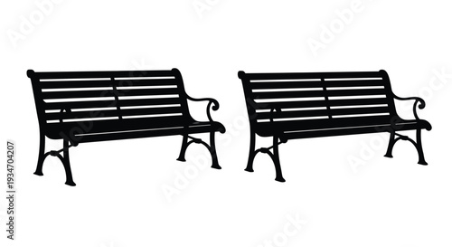 Two black park benches facing each other on a white background