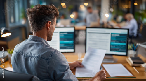 Faceless corporate compliance manager from behind at a desk with a dual monitor setup showing regulatory checklist software and a quality certification management system printed