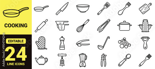 Kitchen utensils and cooking tools icon set with pans, knives, bowls, graters, peelers, blenders, scoops, brushes, and essential kitchen ranking symbols in clean modern line‑art vector style