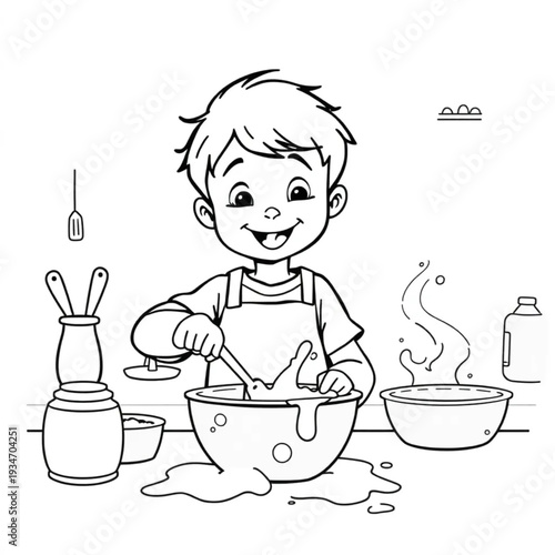 A child's first attempt at cooking — a kitchen disaster scene with a proud smile, real learning, mess