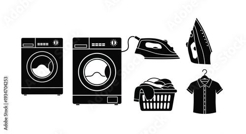 Laundry appliances and clothing items in a black and white illustration