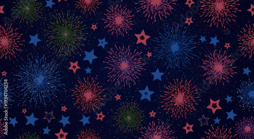 Colorful fireworks and stars pattern on dark blue background for celebration