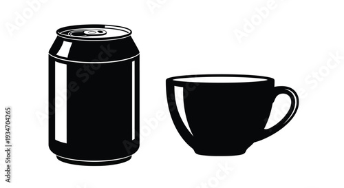 A black and white illustration of a soda can and a teacup