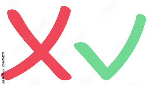 Hand drawn checkmark and cross icons set. Green tick mark and red cross symbol for vote list. Vector illustration isolated on white.