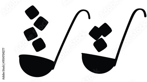 Two black silhouettes of ladles with cubes above them