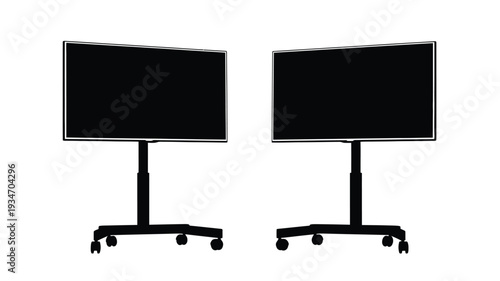 Two black silhouette televisions on rolling stands against a white background