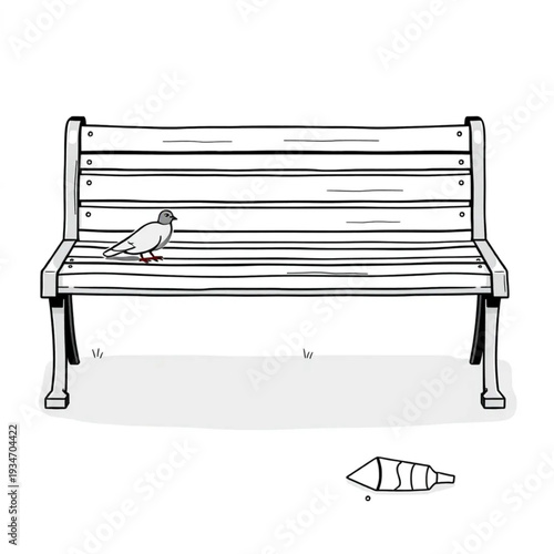 A public park bench with pigeon droppings, a fallen ice cream cone, real urban outdoor space, unglamorous