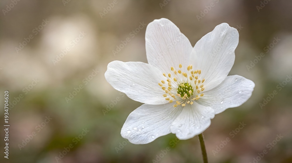 Fototapeta premium Pure White Anemone flower blooming with delicate dewdrops.