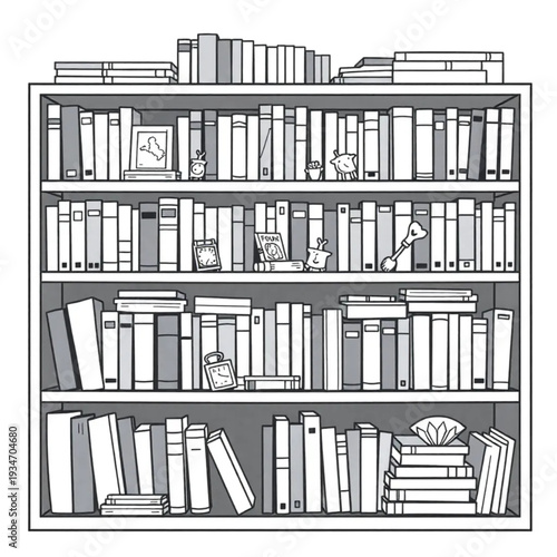 An elderly person's overflowing but organized bookshelf with personal mementos between volumes, real home