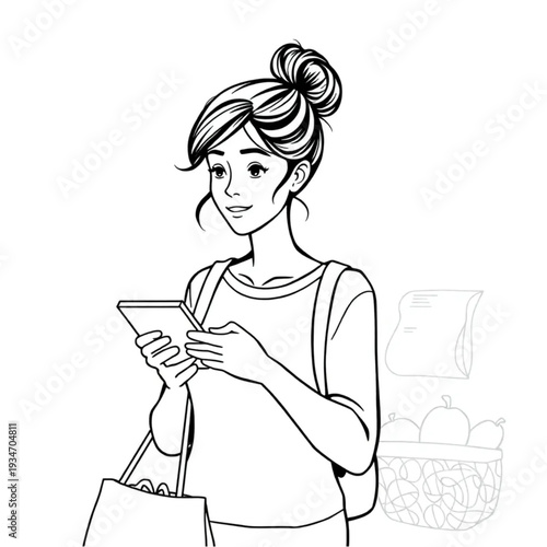 A woman grocery shopping with a list on her phone, hair in a messy bun, real errand running, no glamour