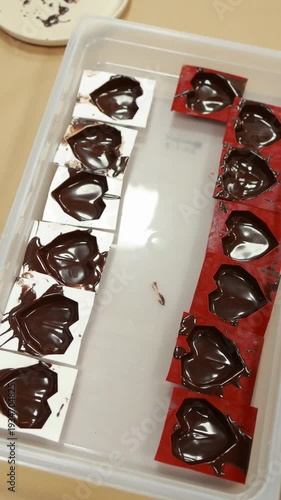 Chocolate molds filled and cooling in tray