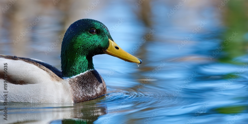 Obraz premium nature photography, male mallard duck with iridescent green head floats on calm illinois pond, water droplets on feathers, dreamy willow tree reflection