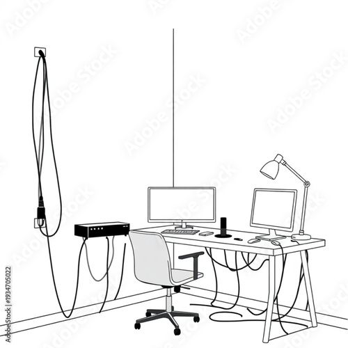 A corner of a home office where cables are taped to the wall imperfectly, real remote work environment