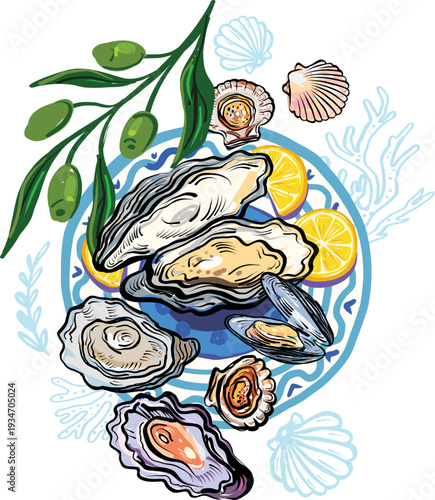 Oysters with lemon olives mussels and seashells illustration