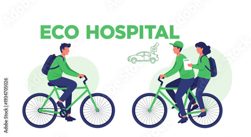 Eco Hospital Concept Depicting Healthcare Professionals and Patient Transportation Options