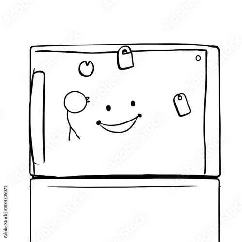 A child's drawing on the refrigerator held by mismatched magnets, authentic family home detail