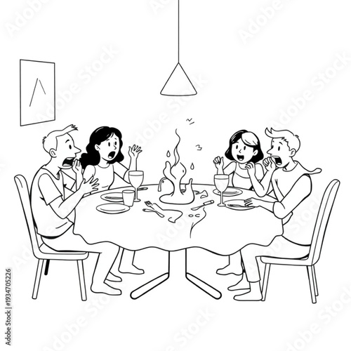 A family dinner where someone has spilled something and everyone is reacting, authentic chaos, not posed