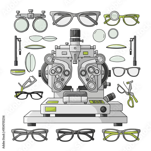 Diverse Eyewear and Advanced Ophthalmic Equipment for Vision Examination and Correction