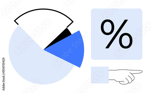 Data analysis, statistics, business reporting, financial insights, research, strategic planning. A pie chart with highlighted sections, percentage symbol and hand gesture. Data analysis