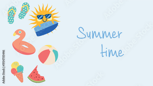 Vector set of summer vacation doodles with sun, beach ball, and ice cream. Hand-drawn "Summer Time" lettering with colorful seasonal elements isolated on a light blue background for sunny designs.