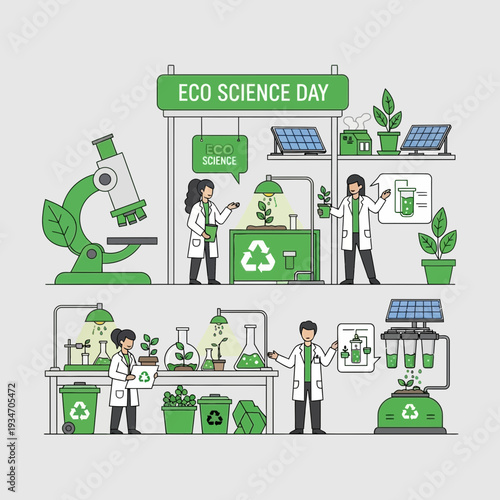 Eco Science Day Illustration Featuring Researchers in a Sustainable Laboratory Environment
