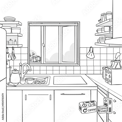 A messy, well-loved family kitchen in the morning — dishes in sink, cereal boxes out, real domestic life